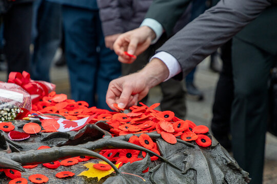 People placing red poppies at the Tomb of the Unknown Soldier on Remembrance Day in Ottawa, Canada