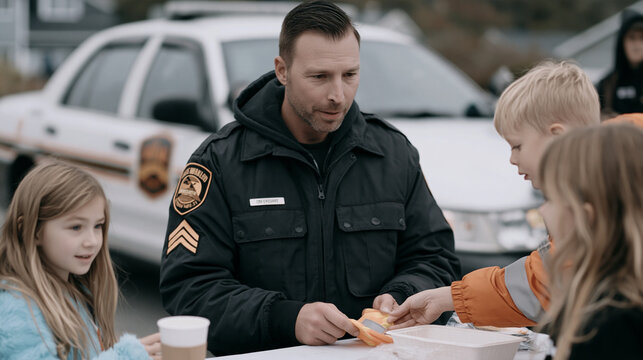 Police officer interacting with children at an outdoor community event beside a patrol car, distributing treats and promoting positive relationships between first responders and families