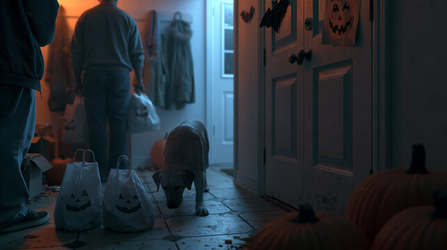 Curious labrador retriever approaching halloween candy bags on the floor while family members carry treats inside a decorated home, highlighting pet safety and accidental poisoning risks