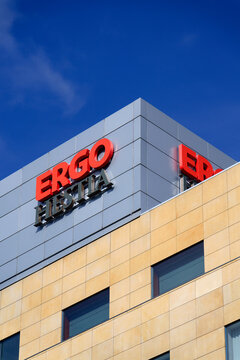 Ergo Hestia insurance company logo displayed on the headquarters building, major Polish insurer and financial services brand on July 24, 2026 in Sopot, Poland.