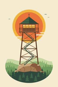 Forest Fire Watchtower At Sunset With Pine Trees