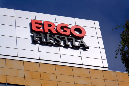 Ergo Hestia insurance company logo displayed on the headquarters building, major Polish insurer and financial services brand on July 24, 2026 in Sopot, Poland.