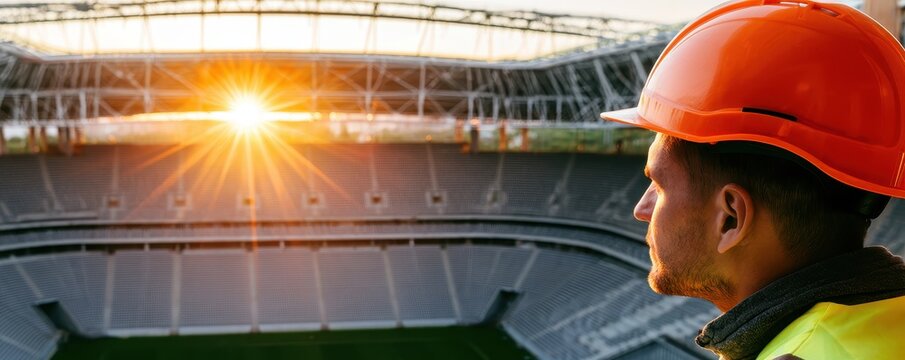Engineer wearing hard hat looking at stadium construction site