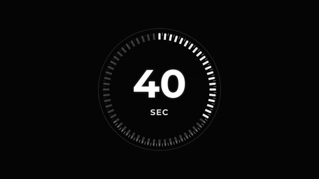 Minimalist circular digital countdown timer showing seconds ticking down from sixty to zero with a white radial dial on a clean black background