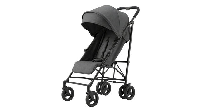 Modern baby stroller with sleek dark grey fabric, lightweight pushchair for infant travel, folding pram transport gear isolated PNG with Transparent Background