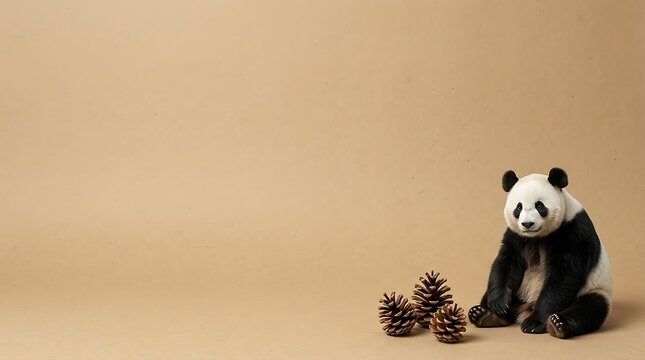 Cute giant panda bear sitting next to three pine cones on a soft warm tan color paper studio background