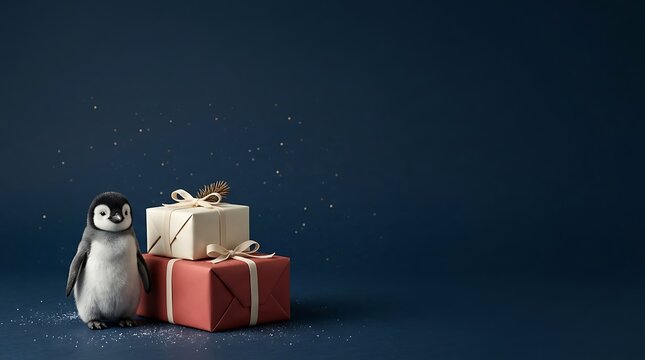 Cute little penguin standing next to stacked christmas gift boxes on a dark blue snowy winter background