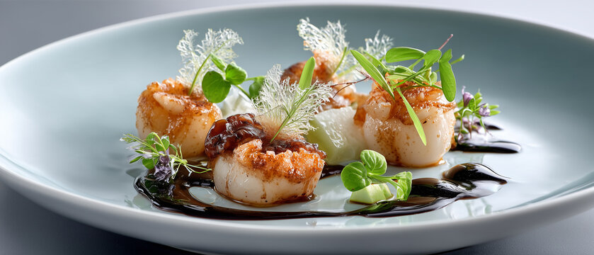 Luxury Fine Dining &mdash; Sculptural Seared Seafood Composition on Matte Porcelain

