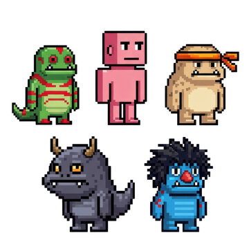 Pixel art fantasy creatures and characters set