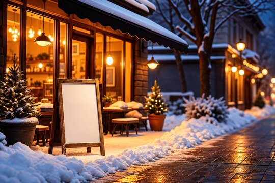 Blank White Cafe Signboard on a Snowy Winter Night