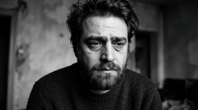 Sad bearded man in a dark room