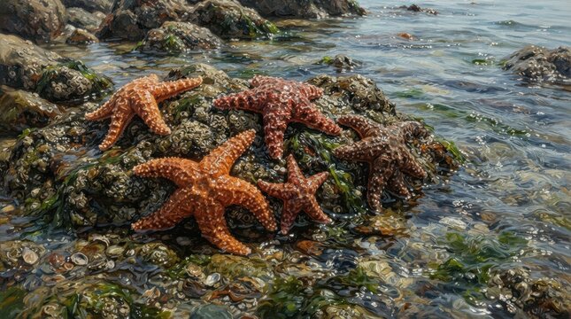 Starfish on coastal rocks with sea water
