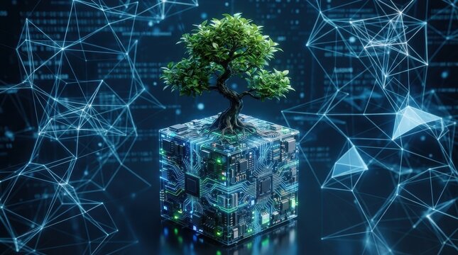 Green tree growing from a glowing electronic circuit board cube with digital network