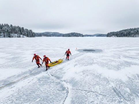 Ice rescue team pulls stretcher across frozen lake in winter emergency