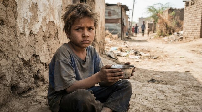 Sad poor child holding an empty bowl in an impoverished slum area