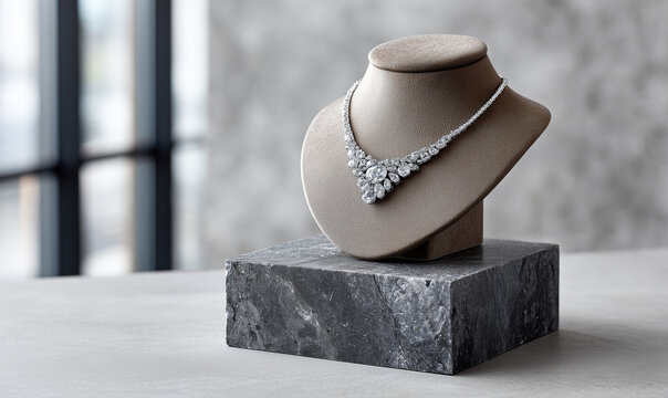 Luxury Jewelry Display &mdash; Sculptural Necklace on a Dark Stone Pedestal in a Minimalist Gallery

