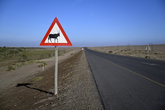 Beware of oryx antelopes (Oryx gazella) sign on a road near Oranjemund, Diamond Sperrgebiet, Karas Region, Namibia