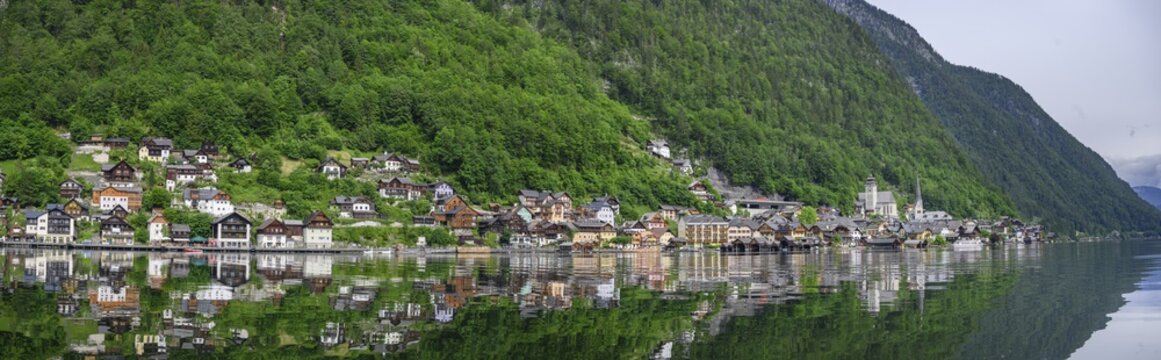 View of the village from a barge, Hallstatt, Upper Austria, Austria
