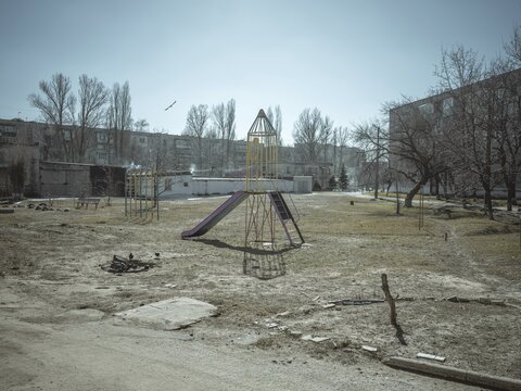 Playground in a residential neighbourhood close to the front, Kupyansk, Kharkiv Oblast, Ukraine