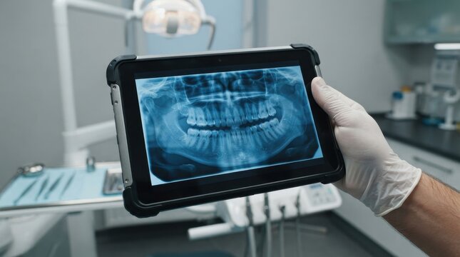 Dentist holding tablet showing dental x-ray in dental clinic