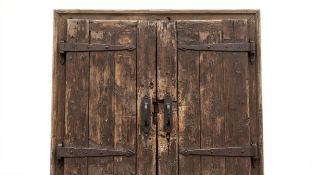 Old weathered wooden cabinet doors with metal hinges and handles