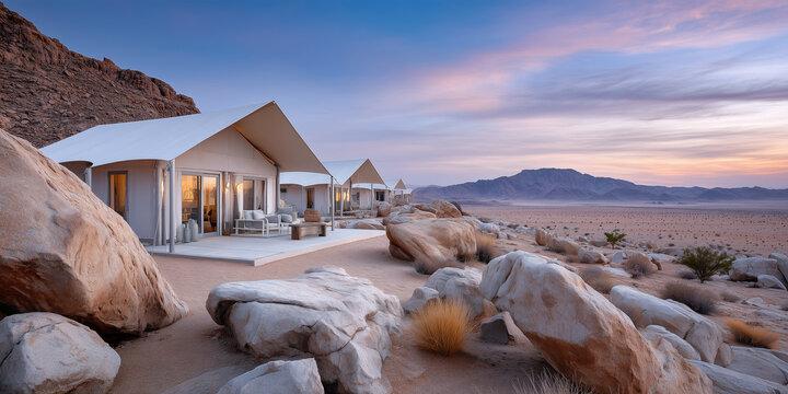 Luxury Desert Glamping &mdash; Sophisticated Tent Camp on a Vast Plateau Beneath Twilight Sky

