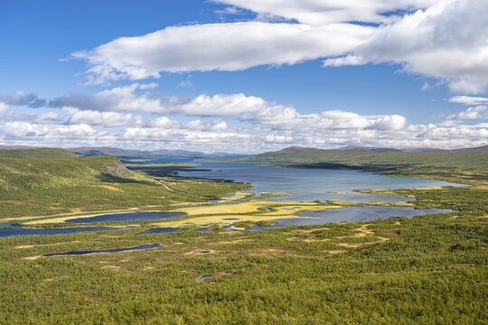 View of the Visttasjohka river delta and Lake Paittasj&auml;rvi, Nikkaluokta, Lapland, Sweden