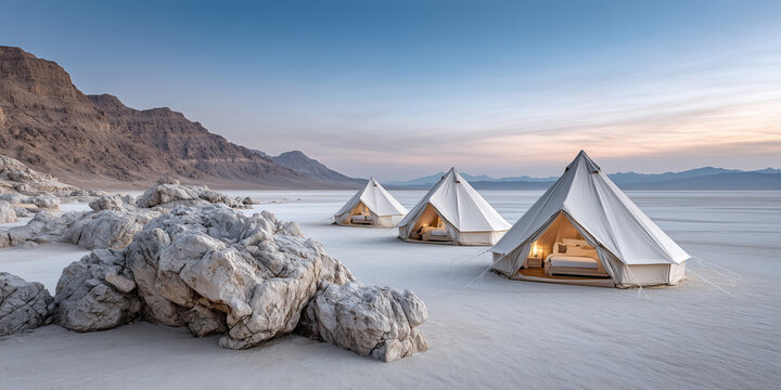Luxury Desert Glamping &mdash; Sophisticated Tent Camp on a Vast Plateau Beneath Twilight Sky

