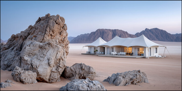 Luxury Desert Glamping &mdash; Sophisticated Tent Camp on a Vast Plateau Beneath Twilight Sky

