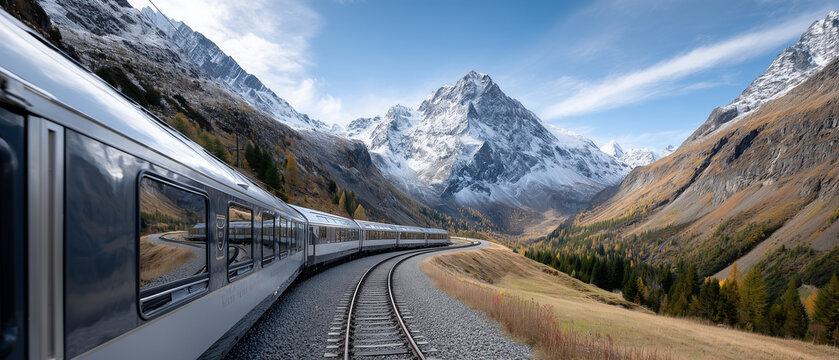Luxury Mountain Railway &mdash; Panoramic Train Traveling Through a Spectacular Alpine Valley

