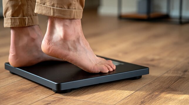 Bare male feet standing on black digital scale on wooden floor