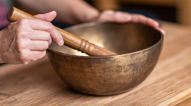 Hands using wooden mallet on traditional metal singing bowl on wooden table