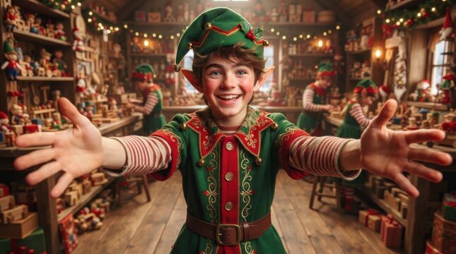 Happy boy in Christmas elf costume reaching out hands in a toy workshop
