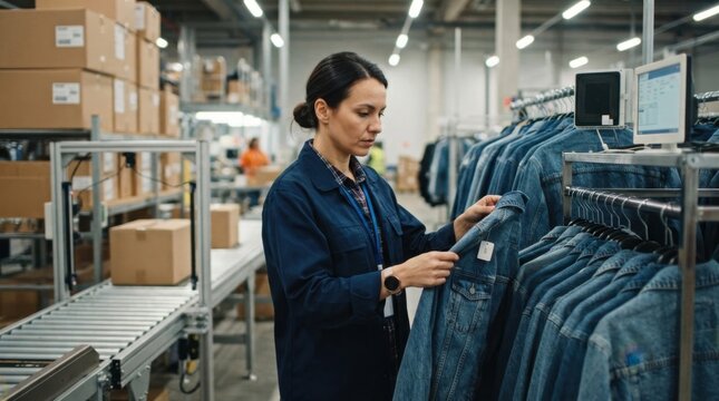 Logistics manager inspecting denim jackets, rfid garment racks, cartons, and conveyor sensors in an apparel warehouse with ai compliance tracking
