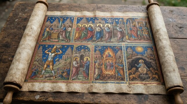 Ancient manuscript scroll with biblical illustrations on a wooden table