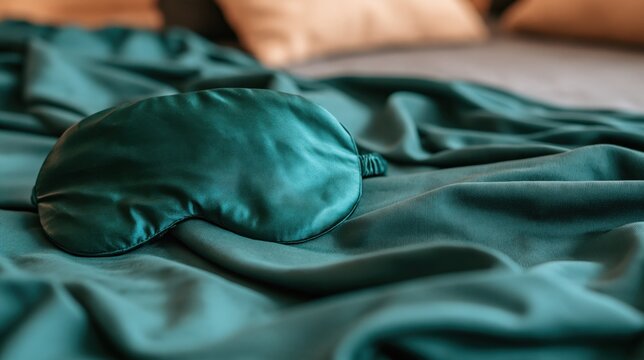 Green silk sleep mask on wrinkled satin bedsheets in bedroom