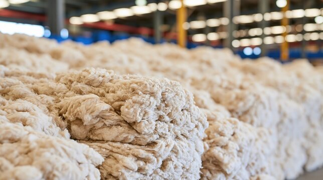 Pile of raw wool fibers in industrial warehouse storage facility