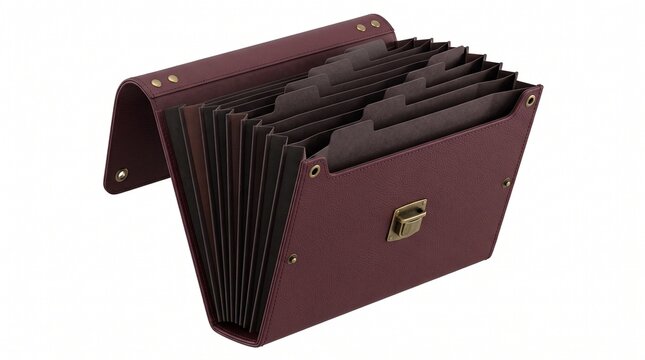Elegant Burgundy Leather Accordion File Folder with Multiple Dividers and Brass Clasp