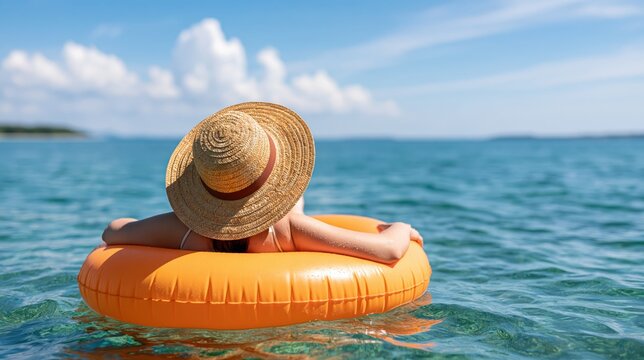 Woman wearing straw hat floating on orange inflatable ring in clear blue sea water on sunny day