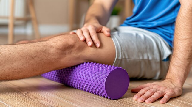Man using purple textured foam roller for leg muscle massage on wooden floor