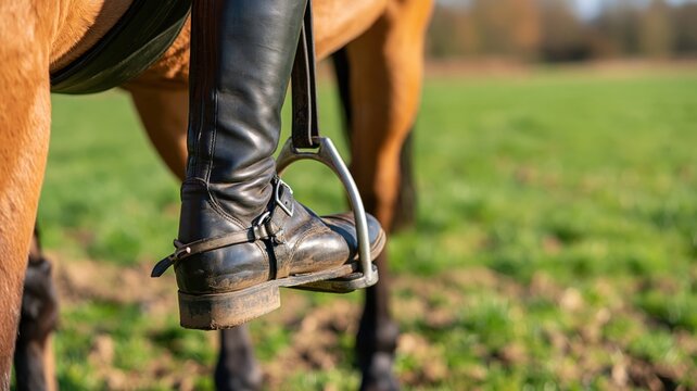 Rider leg in buckled black leather boot with spur and stirrup on brown horse in field