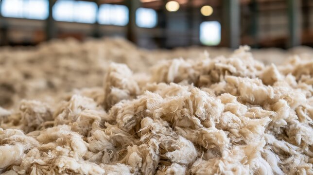 Large pile of raw unprocessed sheep wool fleece in industrial warehouse interior