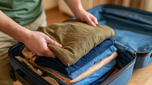 Man packing stack of folded clothes into blue open suitcase for travel