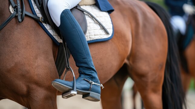 Close up of equestrian rider wearing blue leather boots and silver spurs on brown horse