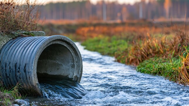 Water flowing from corrugated drainage pipe into rural stream at golden hour