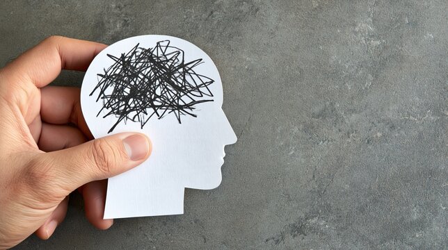 Male hand holding paper human head profile with tangled scribble inside on stone surface