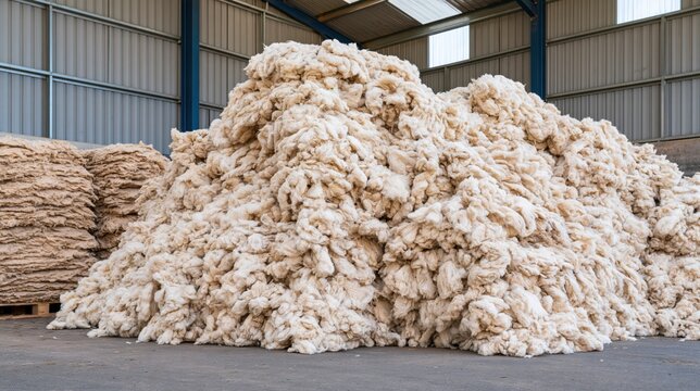 Large mound of raw sheep wool fiber in industrial storage warehouse