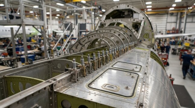 Precision clamps, sheet metal ribs, and sealed access panels on a partially assembled aircraft airframe.