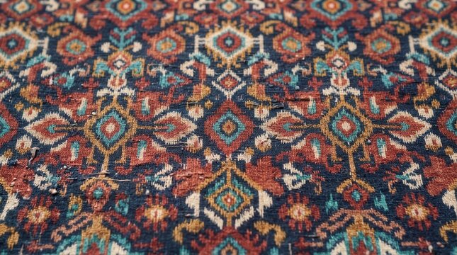 Traditional vintage Persian rug texture with intricate colorful geometric patterns