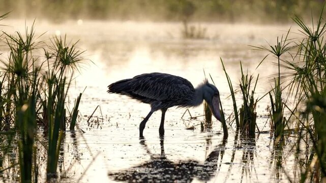Shoebill Stork Foraging at Dawn: A solitary Shoebill stork stands in shallow water, its large beak probing the murky depths for prey as mist rises from the serene wetland at sunrise.
